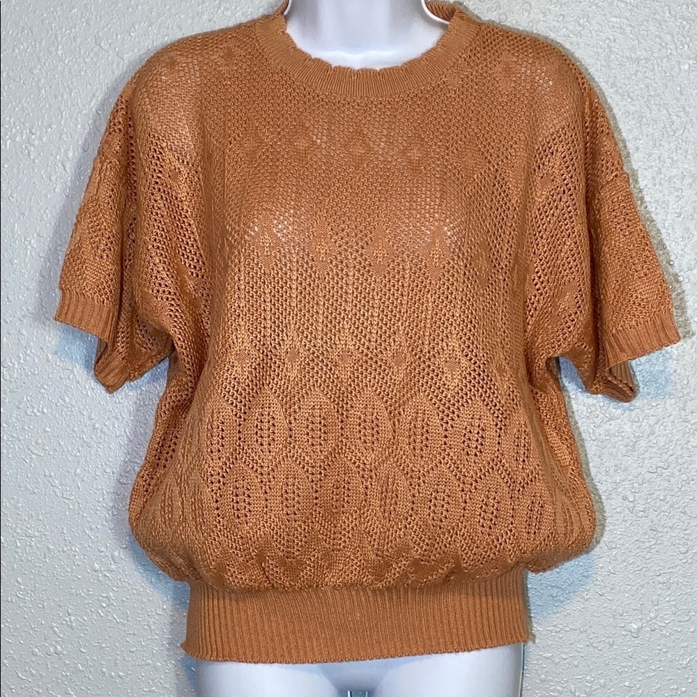 VNTG Kenneth Too! Tan/Orange Crew Neck Knit Sweater with Short Sleeves